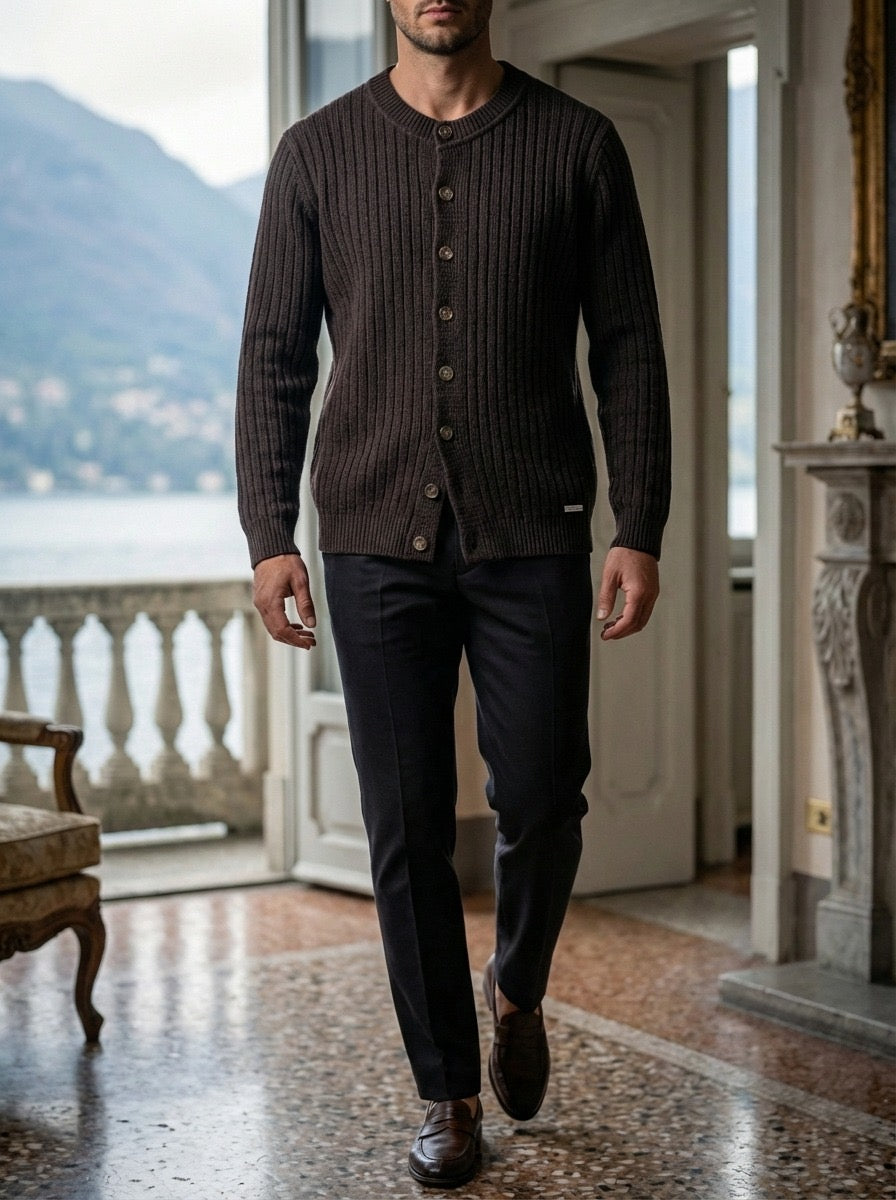 CARDIGAN A COSTE CON COLLETTO - MORO-BEIGE