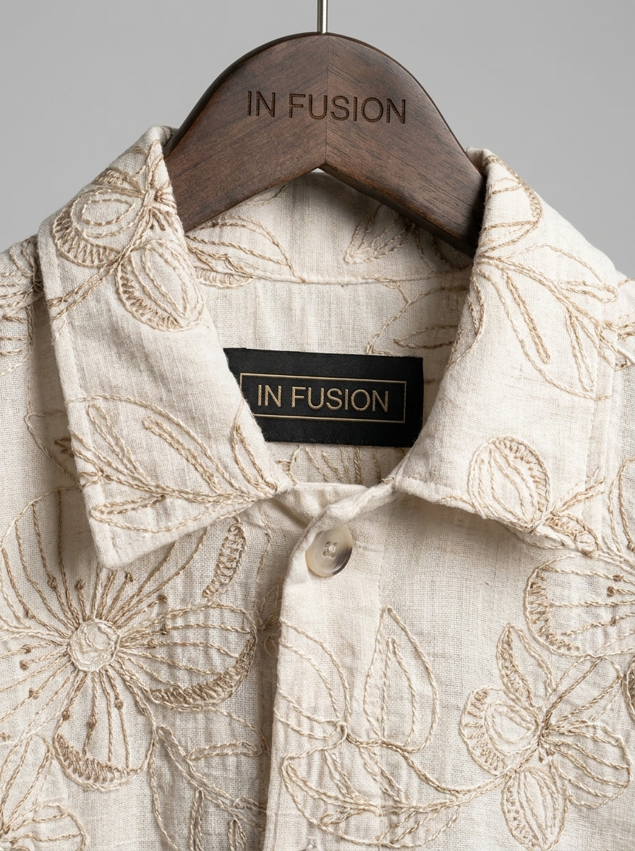 Las Vegas — Camicia Over Shirt Viscosa e Lino Ricami a Contrasto