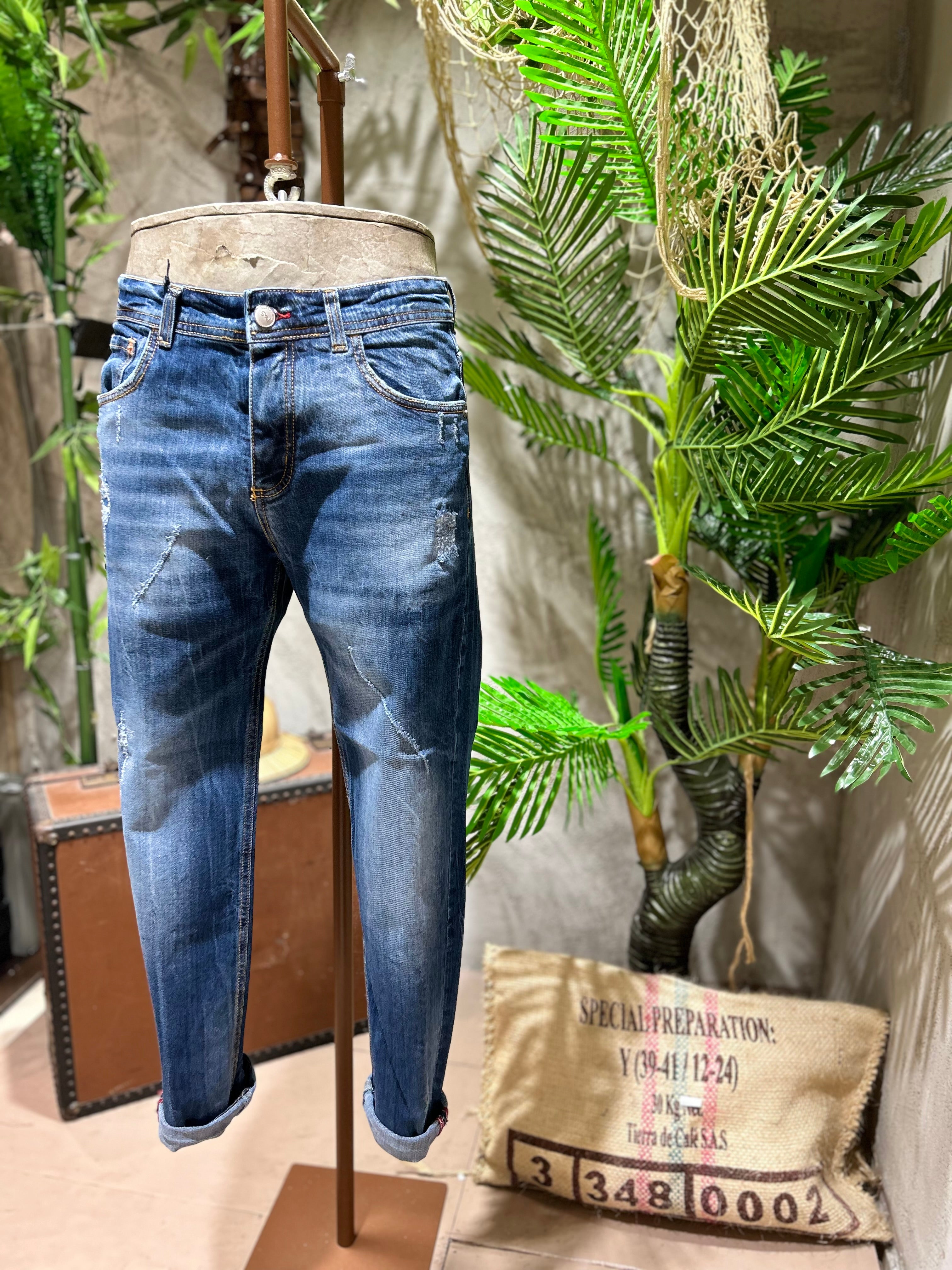 SKINNY DENIM ABRASIONS - BLUE DENIM