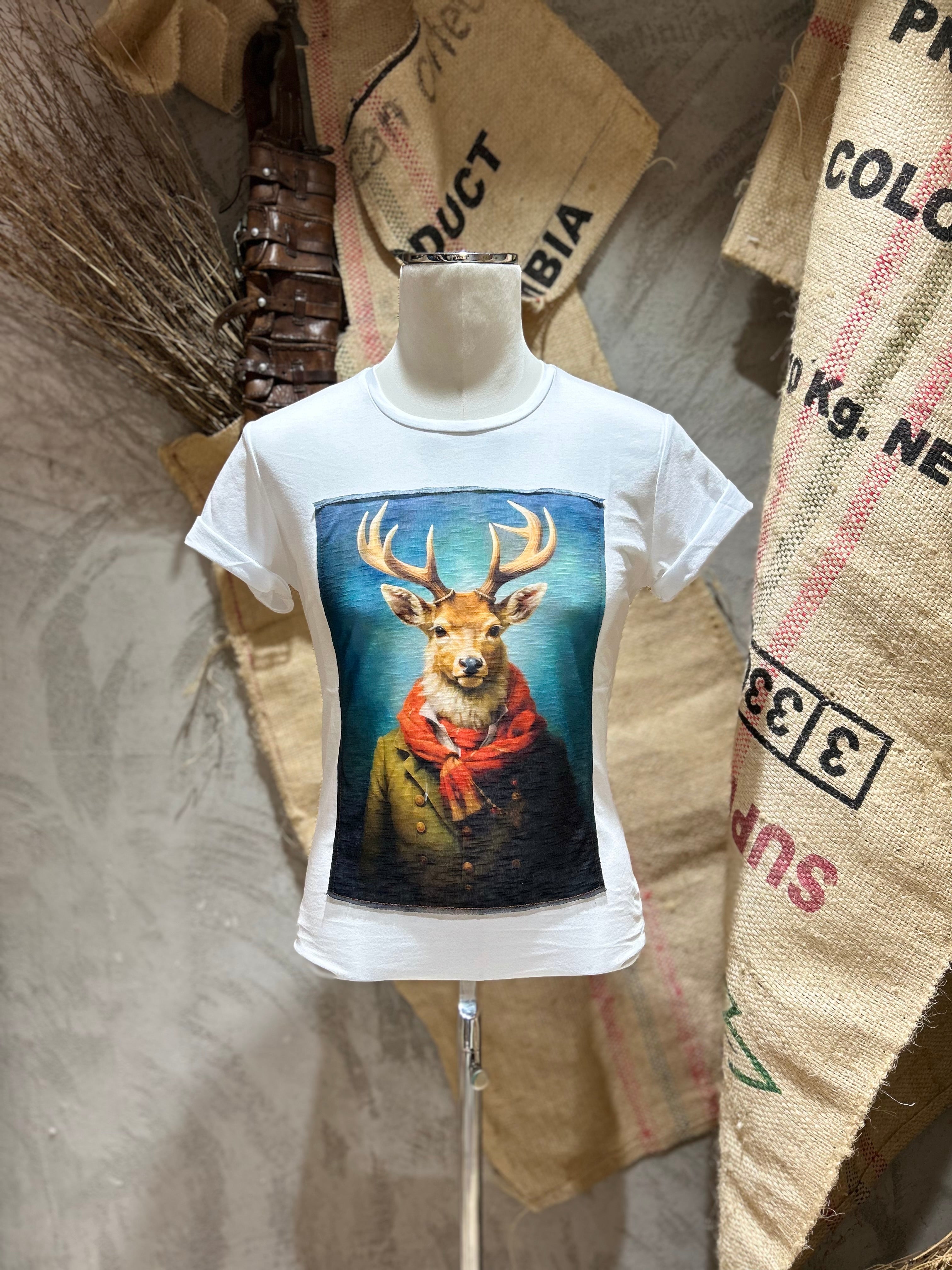 T-SHIRT STAMPA CERVO - BIANCO,NERO