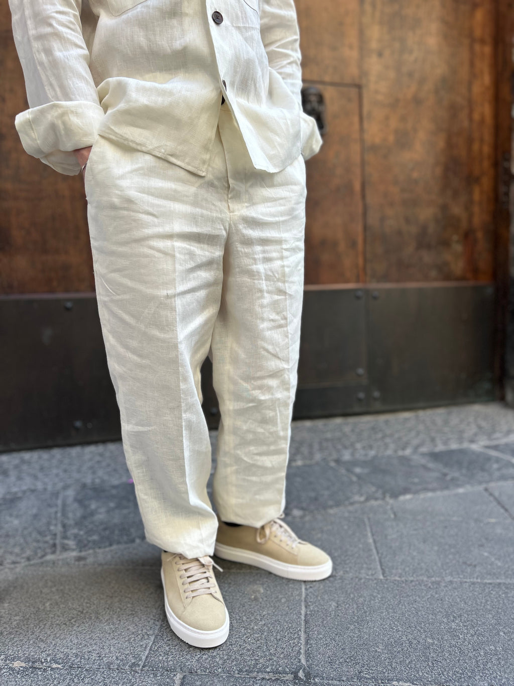 PANTALONI IN PURO LINO - PANNA,BLU NAVY