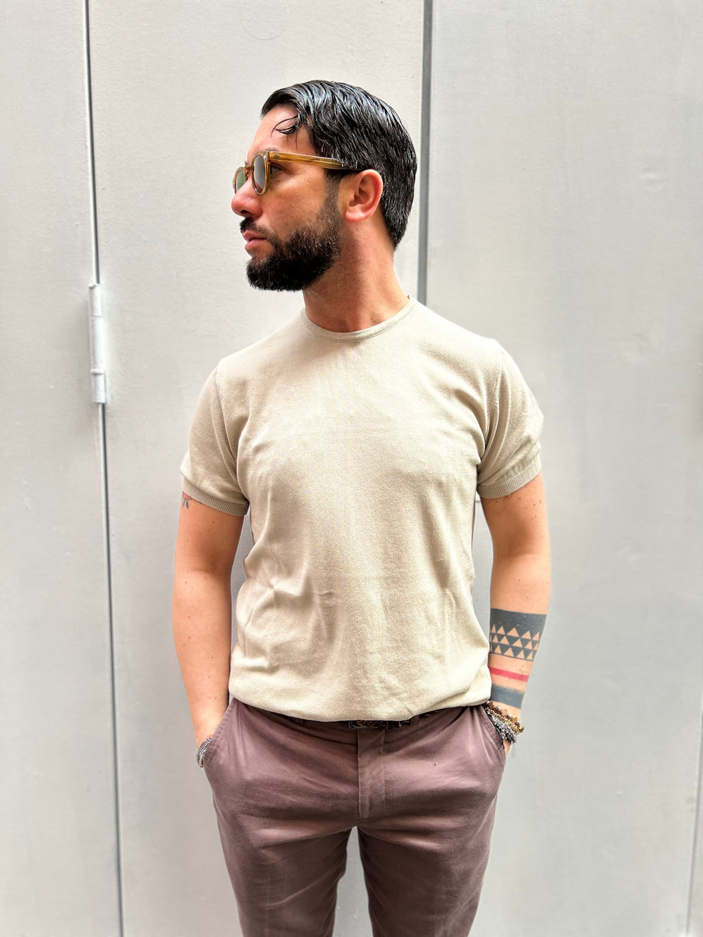 MAGLIA GIROCOLLO - CACAO, SABBIA, BLU, TEGOLA