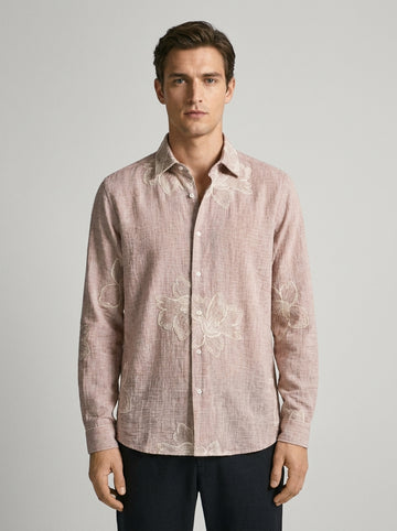 Saona — Camicia Viscosa e Lino Ricami a Contrasto