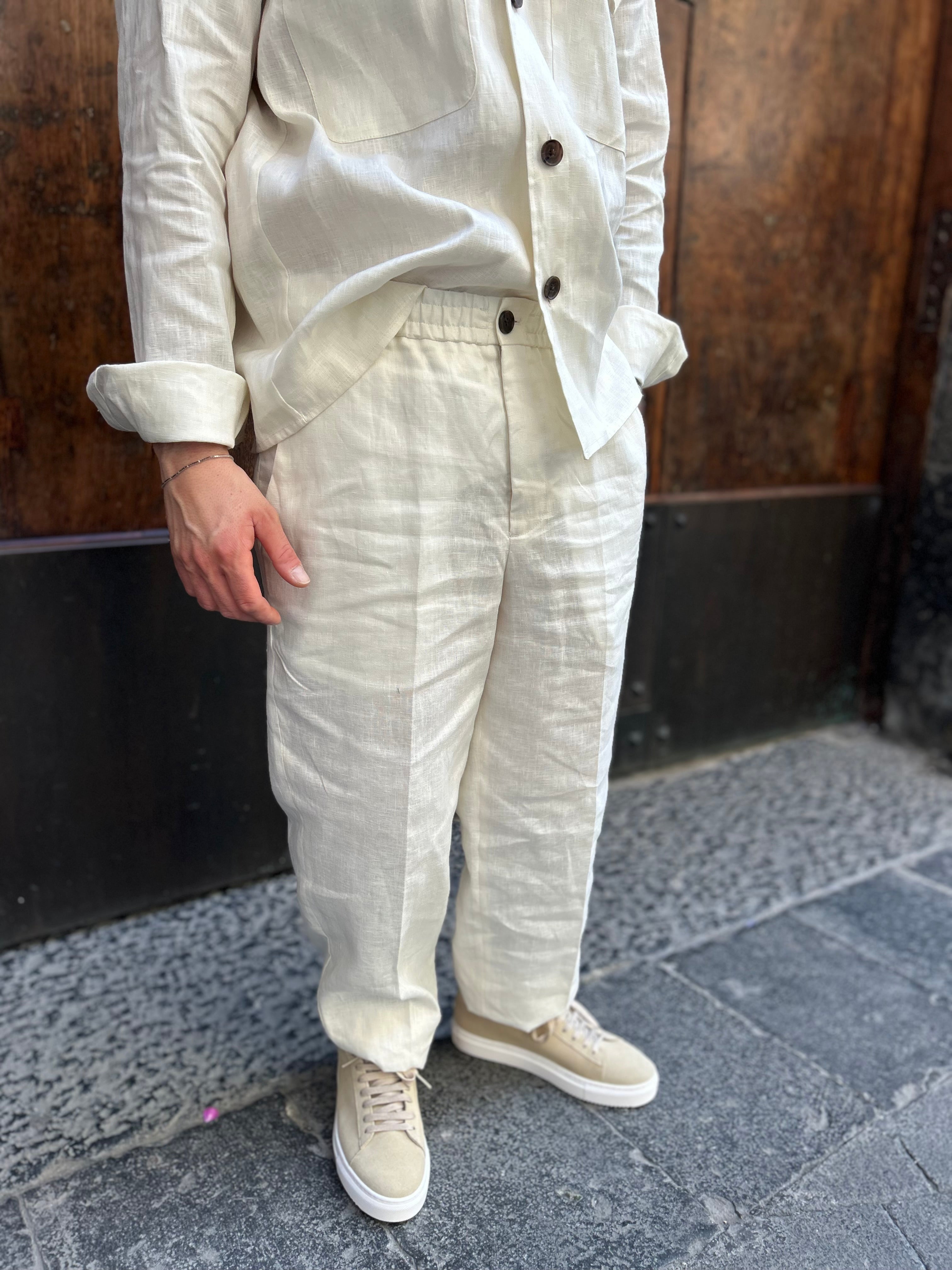 PANTALONI IN PURO LINO - PANNA,BLU NAVY