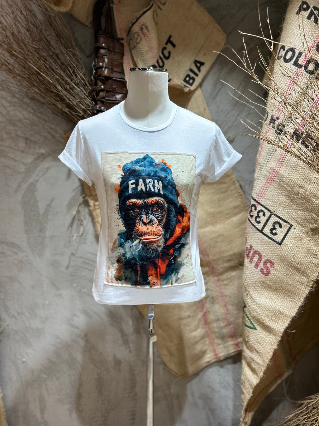 T-SHIRT STAMPA SCIMMIA - BIANCO, NERO