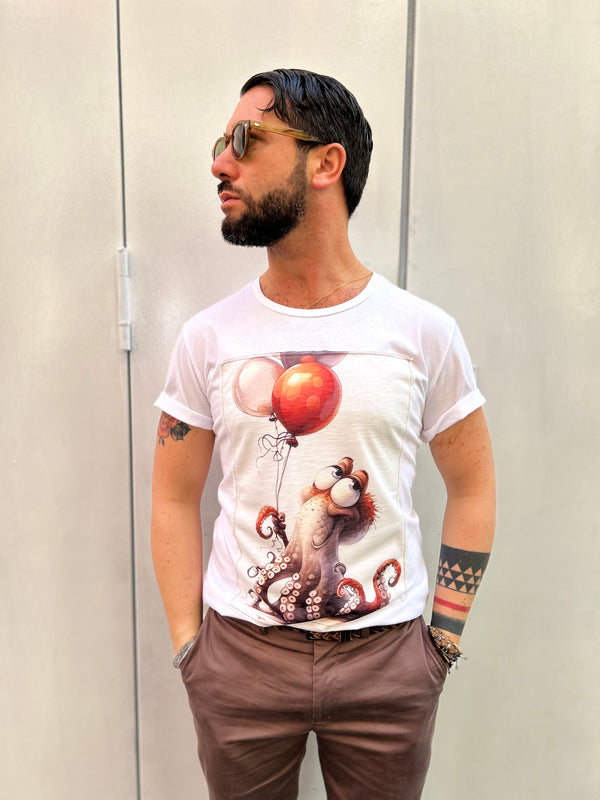 T-SHIRT STAMPA POLIPO - BIANCO
