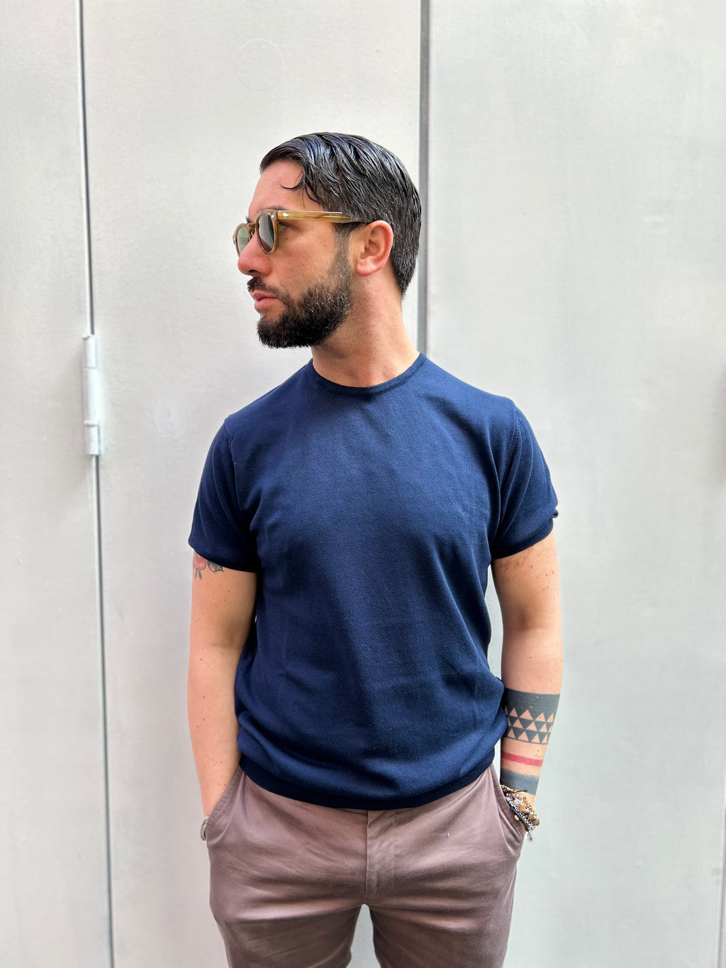 MAGLIA GIROCOLLO - CACAO, SABBIA, BLU, TEGOLA