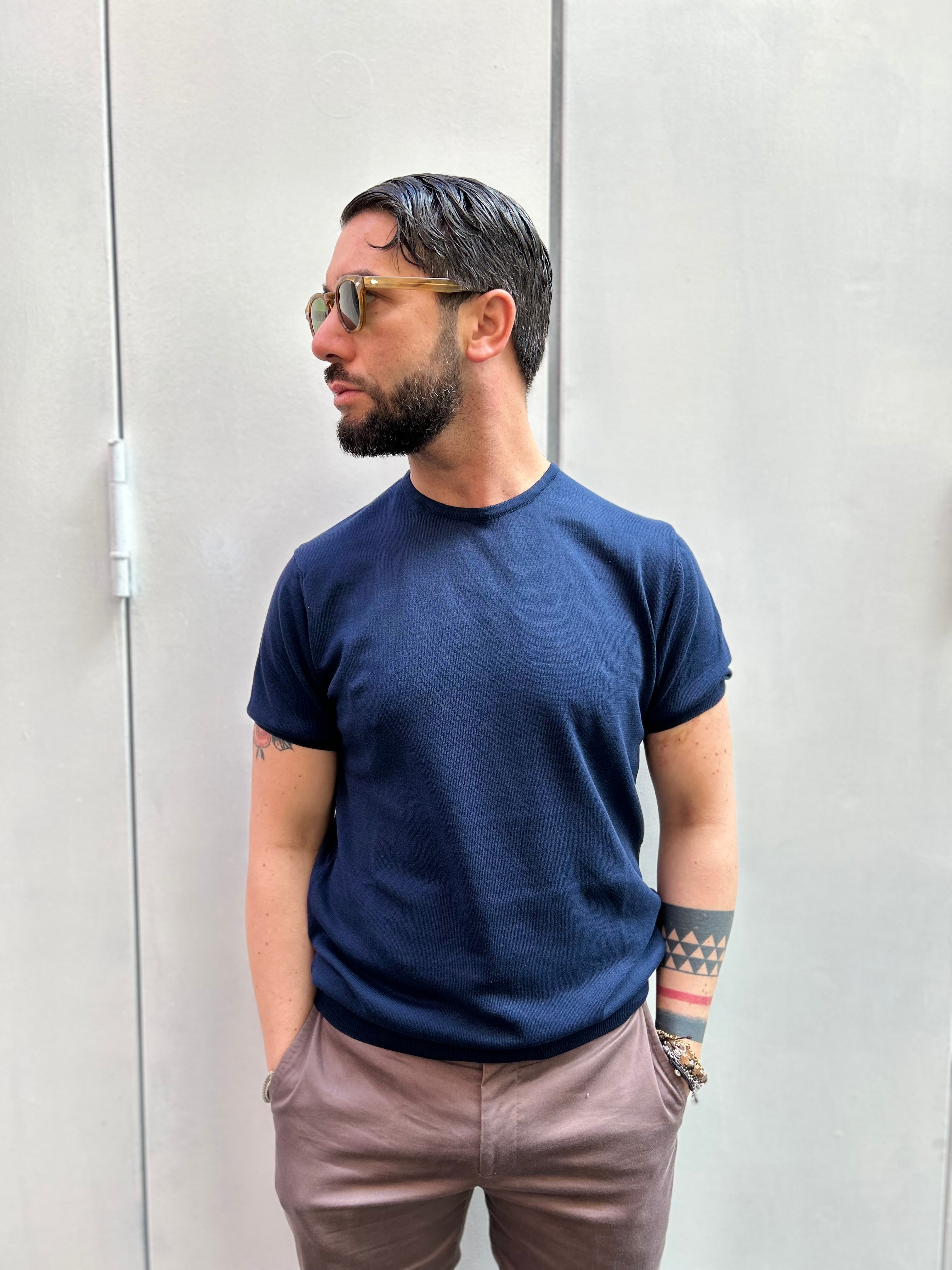 MAGLIA GIROCOLLO - CACAO, SABBIA, BLU, TEGOLA