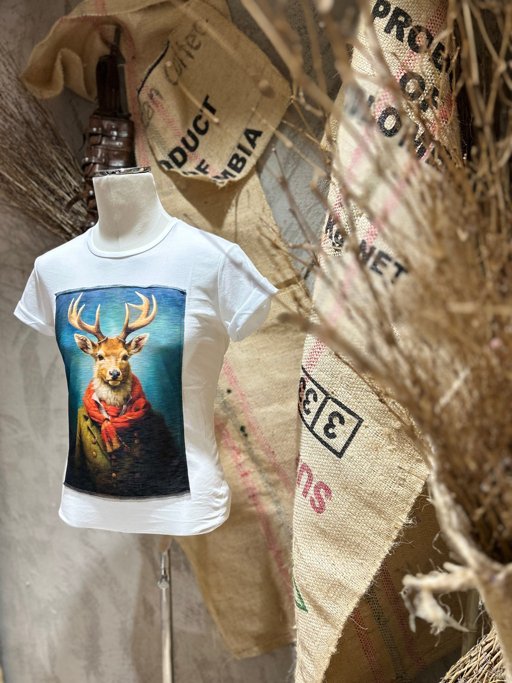 T-SHIRT STAMPA CERVO - BIANCO,NERO