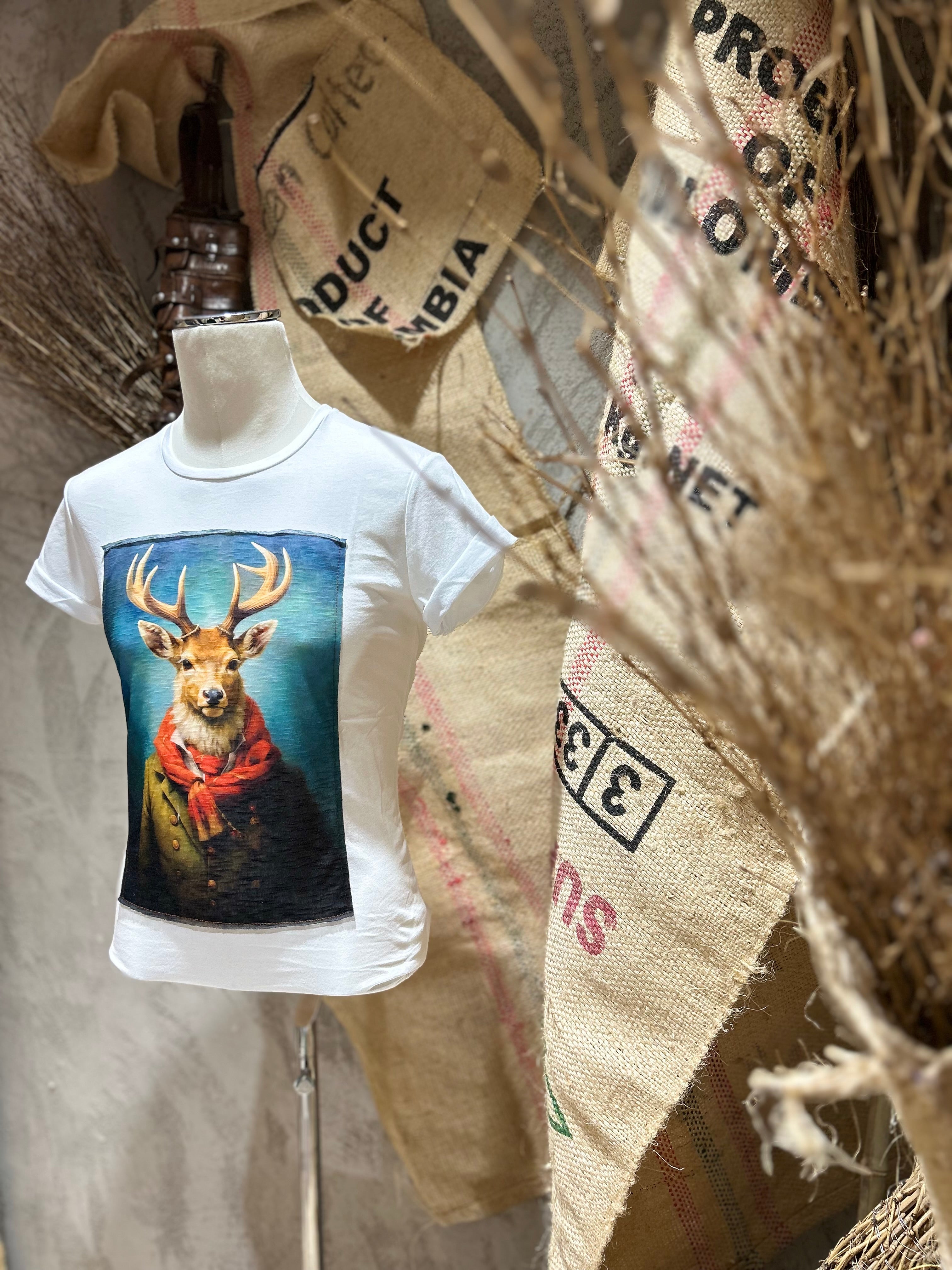 T-SHIRT STAMPA CERVO - BIANCO,NERO