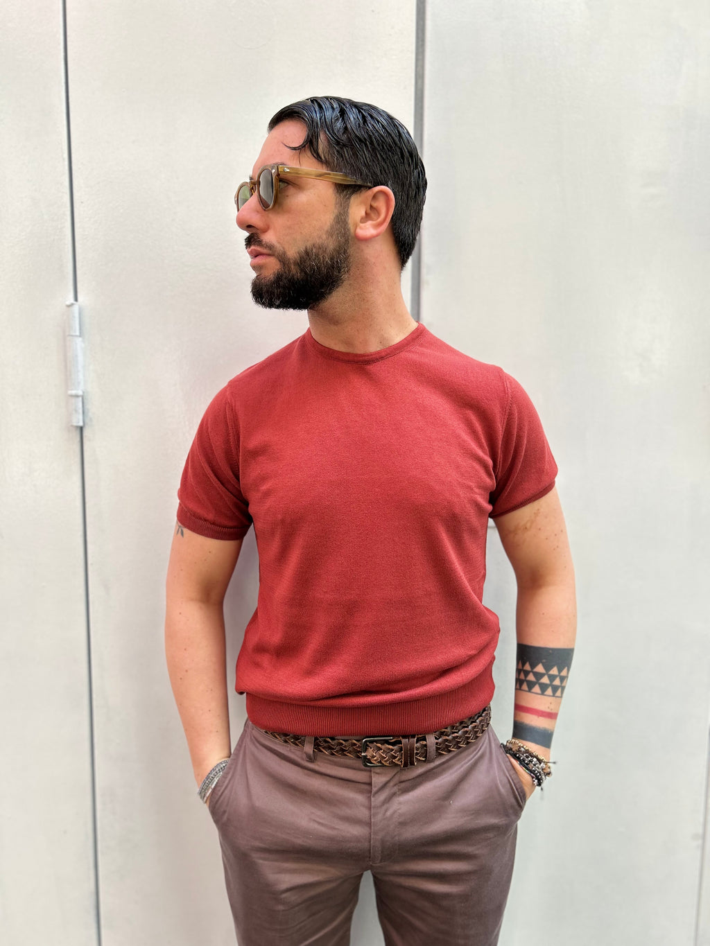 MAGLIA GIROCOLLO - CACAO, SABBIA, BLU, TEGOLA