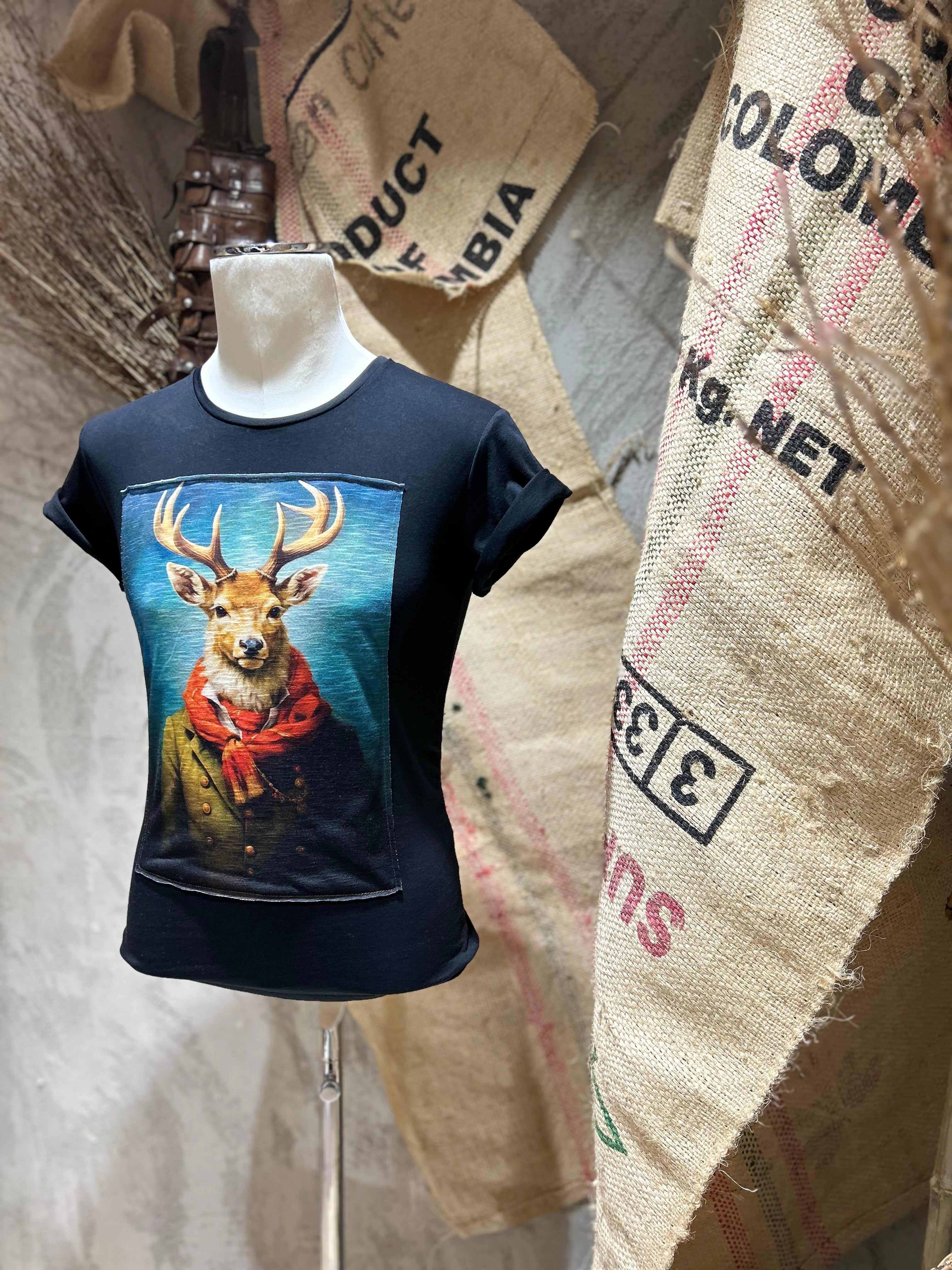 T-SHIRT STAMPA CERVO - BIANCO,NERO