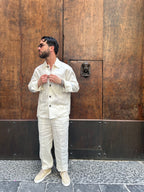 PANTALONI IN PURO LINO - PANNA,BLU NAVY