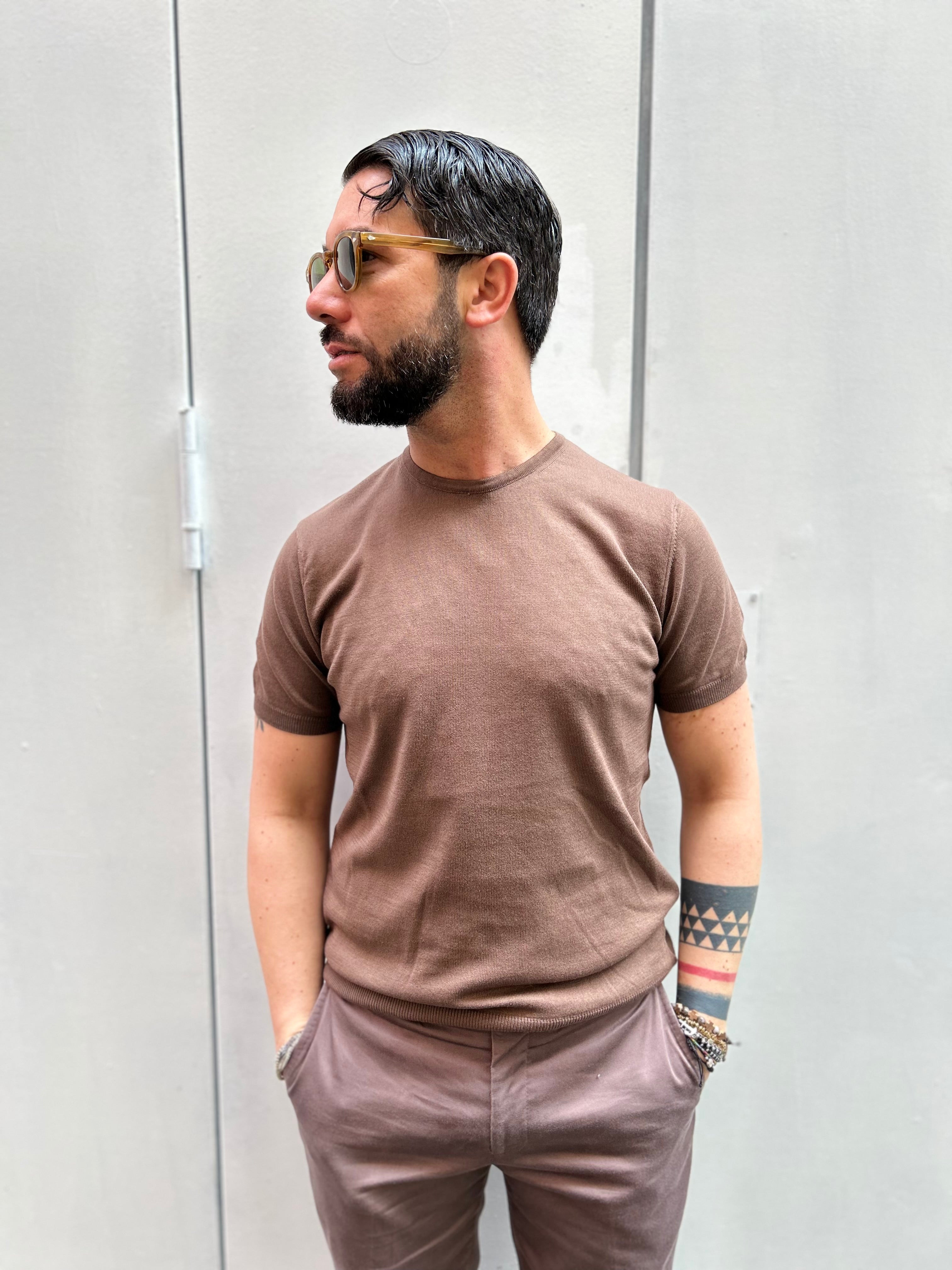 MAGLIA GIROCOLLO - CACAO, SABBIA, BLU, TEGOLA