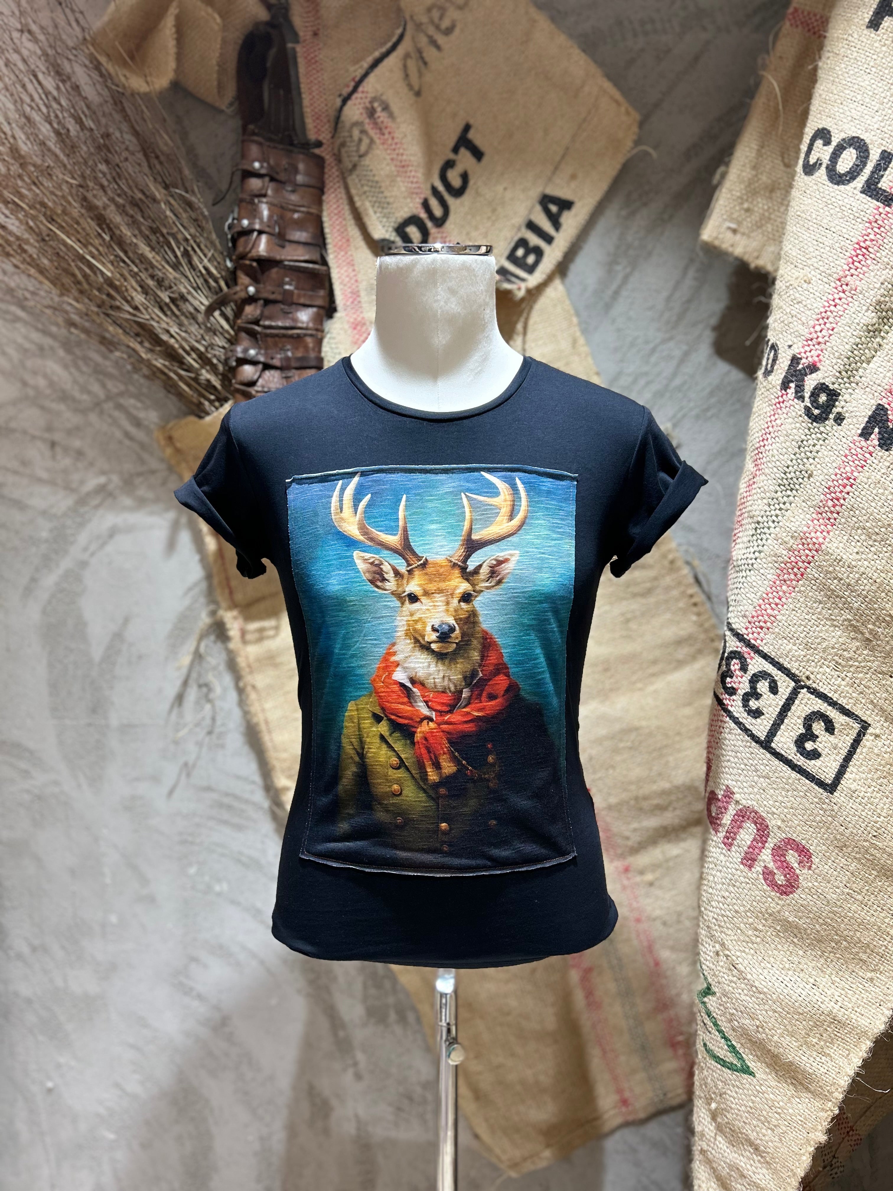 T-SHIRT STAMPA CERVO - BIANCO,NERO