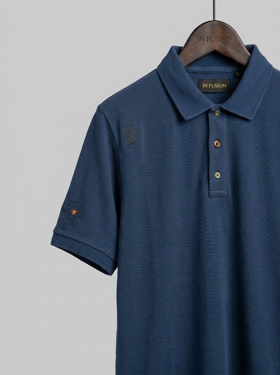 Honeycomb Polo Denim Artisan Appliqués
