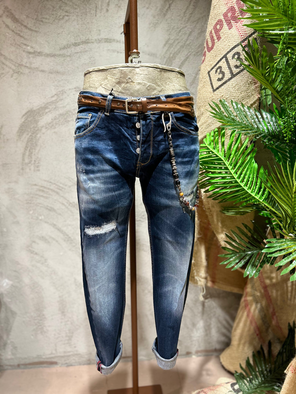 SKINNY DENIM CON ABRASIONI - BLUE DENIM
